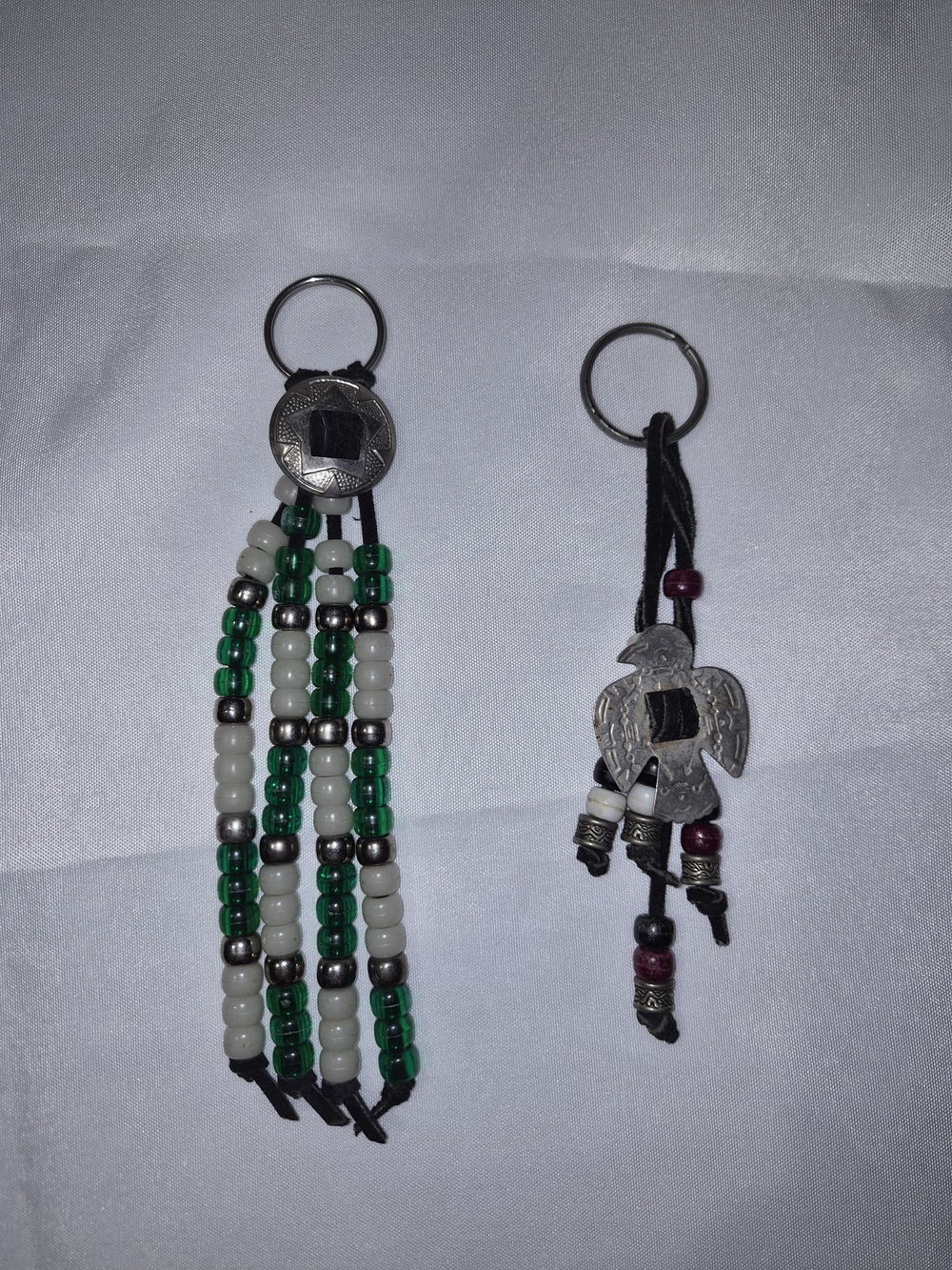 Handmade Beaded Green and White Keychain Set